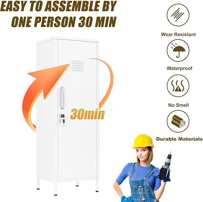 Metal Locker Cabinet, 47"H Home Office Storage Lockers, Vertical Steel Storage Cabinet with Locking Door and 3 Adjustable Shelves, Garage Tool File Cabinets for Home Office,Garage,Bathroom, White