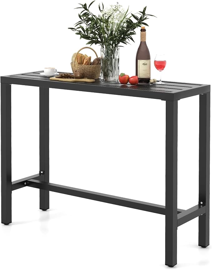 COSTWAY Outdoor Bar Table 48-inch Wide, Narrow Counter Height Dining Table with Waterproof Top and Heavy-Duty Metal Frame, Rectangular Pub Table for Hot Tub Garden Patio Backyard Poolside, Black | with Waterproof Top and Heavy-Duty Metal Frame, Rectang...
