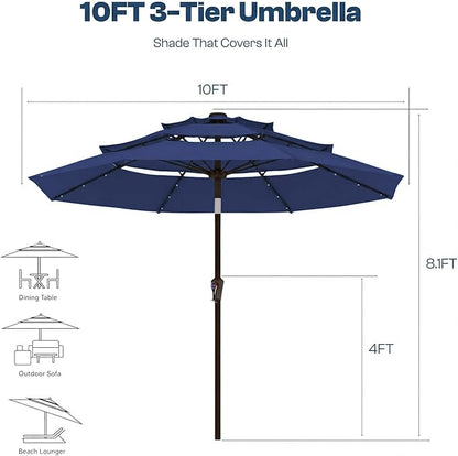 10ft 3-Tier Patio Umbrella with 32 Solar Powered LED Lights, Windproof Outdoor Market Umbrella for Deck, Poolside & Garden, Sturdy Push-Button Tilt Table Umbrella, Navy Blue