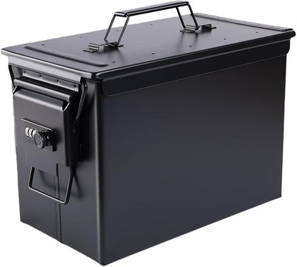 Ammo Can & Ammo Box, Fireproof & Waterproof Metal Storage Box - Perfect for Ammo, Lithium Batteries & RC Car Batteries (Square Lock, Black-13.6 * 7.3 * 8.6")
