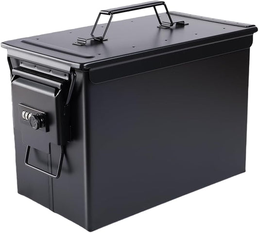Ammo Can & Ammo Box, Fireproof & Waterproof Metal Storage Box - Perfect for Ammo, Lithium Batteries & RC Car Batteries (Square Lock, Black-13.6 * 7.3 * 8.6")