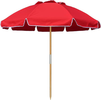 AMMSUN 7.5ft Heavy Duty HIGH Wind Beach Umbrella Commercial Grade wood Beach Umbrella with Air Vent Ash Wood Pole & Portable Carry Bag UPF50+ Protection Windproof Red