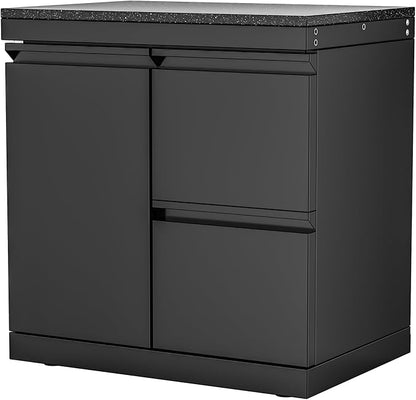 Black Stainless Steel Outdoor Kitchen Combo Cabinet Left Door Right Two Drawers, Black Galaxy Granite Countertop, for Grill Island, Patio BBQ Station