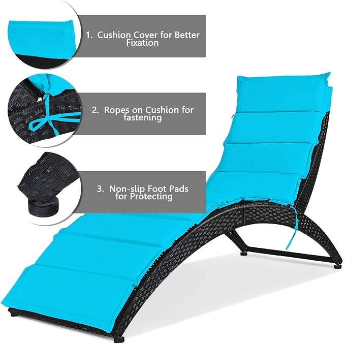 Tangkula Foldable Patio Lounge Chair, Outdoor Rattan Lounger Chaise, Portable Patio Chaise with Cushion, All-Weather Wicker Furniture for Garden Lawn Balcony Backyard Poolside (1, Turquoise)