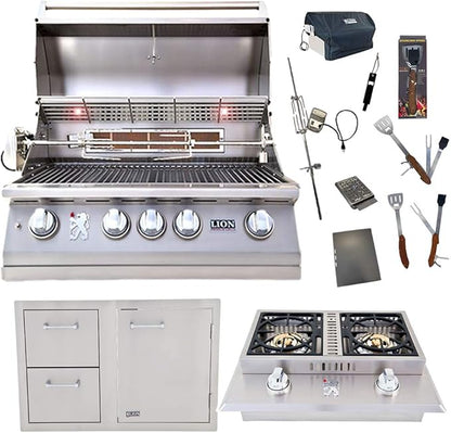 Lion Premium Grills 32-Inch Liquid Propane Grill L75000 and Double Side Burner with Lion Door and Drawer Combination Unit with 5 in 1 BBQ Tool Set Best of Backyard Gourmet Package Deal