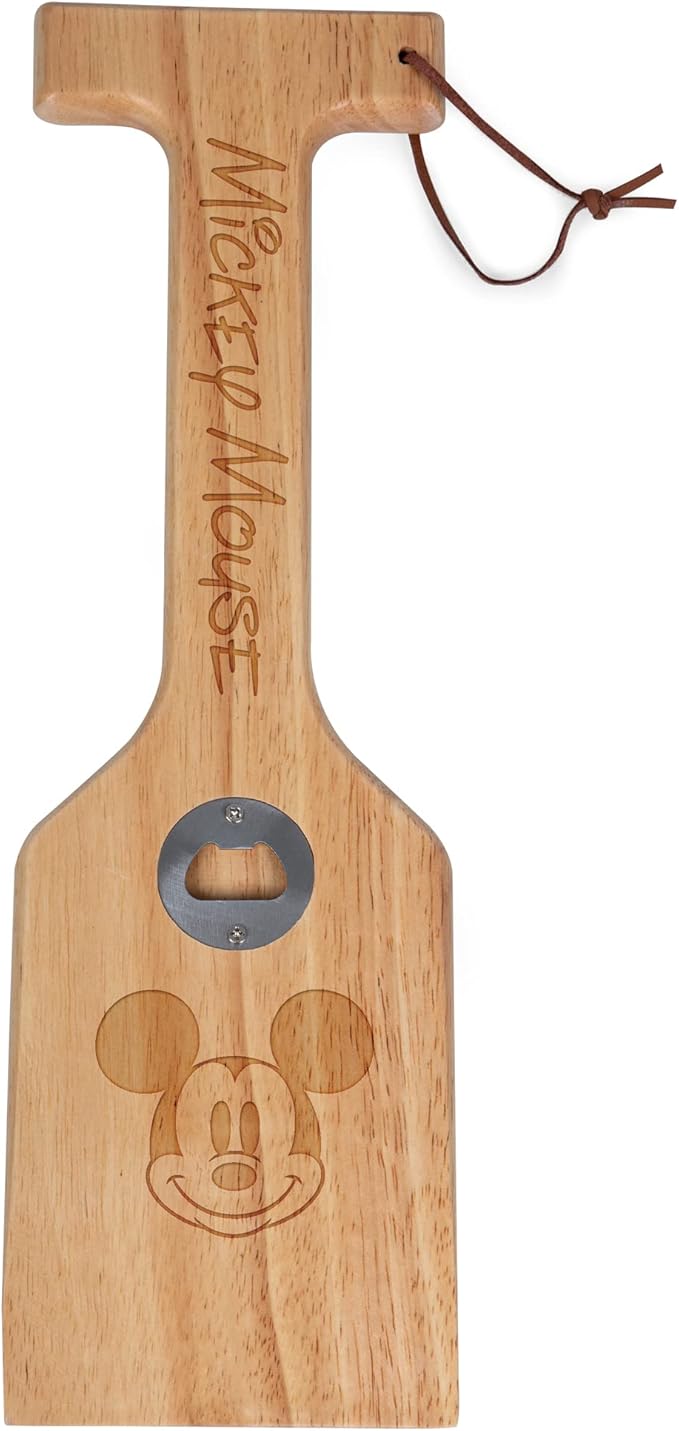 PICNIC TIME Mickey Mouse Hardwood BBQ Grill Scraper with Bottle Opener, Bristle Free Wooden Grill Cleaning Tool with Hanging Loop for Outdoor Cooking and BBQ Cleanup, (Natural Wood)