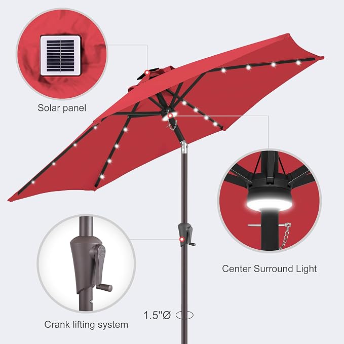 Solar Patio Umbrella with Centre Light, 7.5 ft Red | 24 LED Lights, UV Protection, Small Solar Outdoor Umbrella for Porch, Deck, Pool, Table, Garden, Provides Evening Lighting