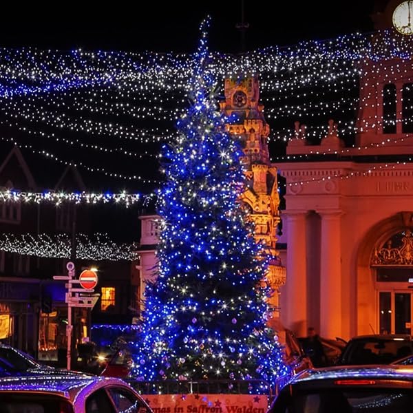 kemooie 500 LED Blue and White Christmas Lights, 164FT 8 Lighting Mode with Memory Plug in Christmas Tree Lights, for Outdoor Birthday Christmas Party Garden Balcony Decorations (Blue and White)