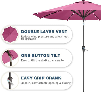 9FT Patio Umbrella with Solar Lights,Outdoor Market Umbrella with Tilt and Crank, LED Lighted Table Umbrella for Garden,Deck,Backyard,Pool,Beach (Rose Pink)