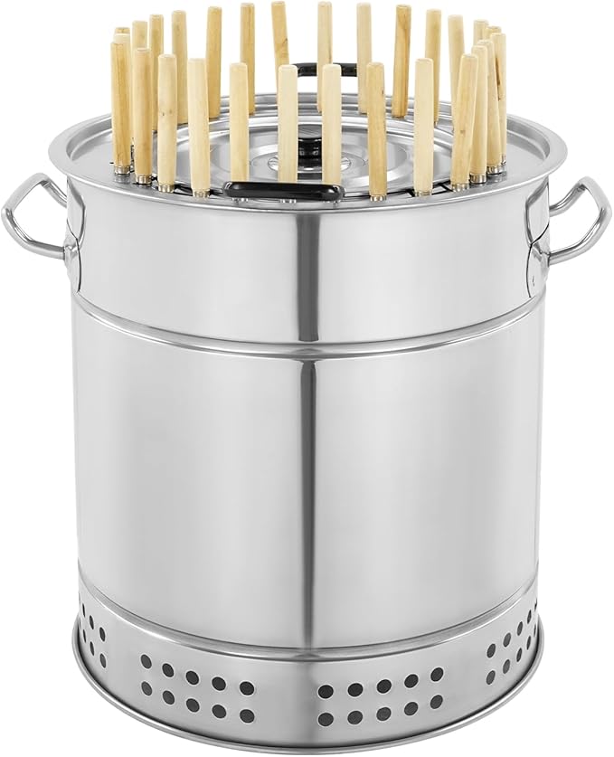 Portable Vertical BBQ Charcoal Grill Stainless Steel Surround Charcoal Barrel Shape Grill for Picnics Camping Traveling Barbecue Parties, with Skewers and Oil Drip Pan (28-skewer)
