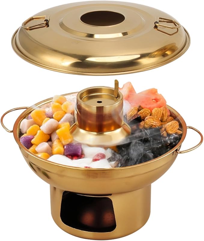 Portable Charcoal Hot Pot, Stainless Steel Round Dry Ice Pot for One Person, Milk Tea Hot Pot for Camping Office Hotel Home Compatible with Induction Gas Electric Ceramic Stove Top (Gold, 9.1 inch)