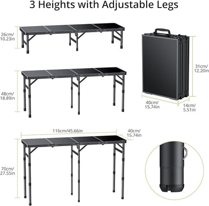 Anbte 4-Fold Camping Table, 46” X 16” Portable Folding Camping Table, Black | 3 Adjustable Height Max 27.5”, with Storage Net, Aluminum Lightweight Folding Table, for Picnic Beach RV Travel Tailgate Camp