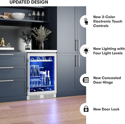 Zephyr Presrv 24 Inch Beverage and Wine Fridge Single Zone Under Counter, Built-in Drink Refrigerator, 7 Bottles, 108 x12oz Cans