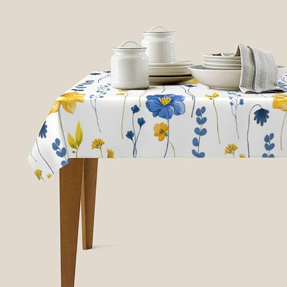 Watercolor Floral Rectangle Tablecloth Navy Blue Yellow Flower Table Cloth for Holiday Party Dining Rooms Kitchen Wedding Indoor Outdoor Birthday Table Decorations 54"x72"
