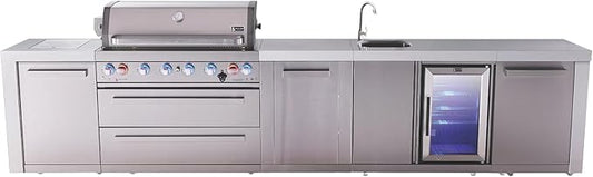 Mont Alpi Premium 157" Deluxe Stainless Steel Outdoor Kitchen Island with Refrigerator + Beverage Center Faucet & Sink + 44"W 6-Burner BBQ Gas Grill + Granite Countertops + Storage Cabinets & Drawers