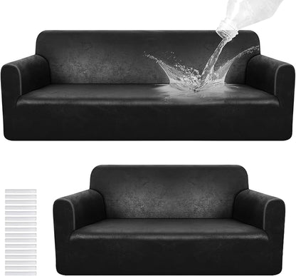 Peryiter 2 Pcs Couch and Loveseat Sofa Covers,Black Brown,Tech | Armchair Covers for Living Room, Sofa Cushion Slipcover 2/3 Seater, Furniture Protector, Polyester and Spandex, Washable
