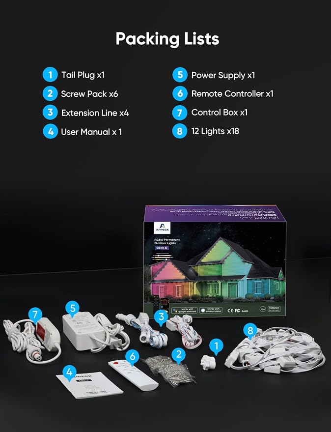APPECK RGBW Permanent Outdoor Lights 300ft, 40ML, with 216 LED Bulbs, White | IP67 Waterproof, 111 Scene Modes, 2700K Warm White, Music Sync, Individual Control, Eave Lights Compatible with Alexa