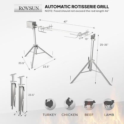 ROVSUN Electric BBQ Rotisserie Grill Kit, 46 Inch 176 Lbs Capacity, Height Adjustable Universal Roaster Stand, Automatic Stainless Steel Grilling Kit for Pig Lamb Outdoor Party Camping