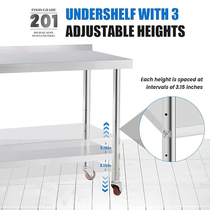 KUARBARR Stainless Steel Table for Prep & Work with 4 Caster Wheels with Backsplash 24 x 30 NSF Metal Commercial Kitchen Adjustable Under Shelf Worktable for Restaurant Home Outdoor