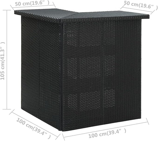 Modular Corner Bar Table with Storage Shelves Black PE Rattan for Dining Room Kitchen and Outdoor Use