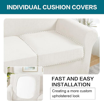 Turquoize 4 Piece Sofa Covers for 3 Cushion Couch Sofa Slipcover Soft Couch Cover for Dogs-Washable Sofa Furniture Cover with 3 Individual Cushion Covers (3 Cushion Sofa, Porcelain White)