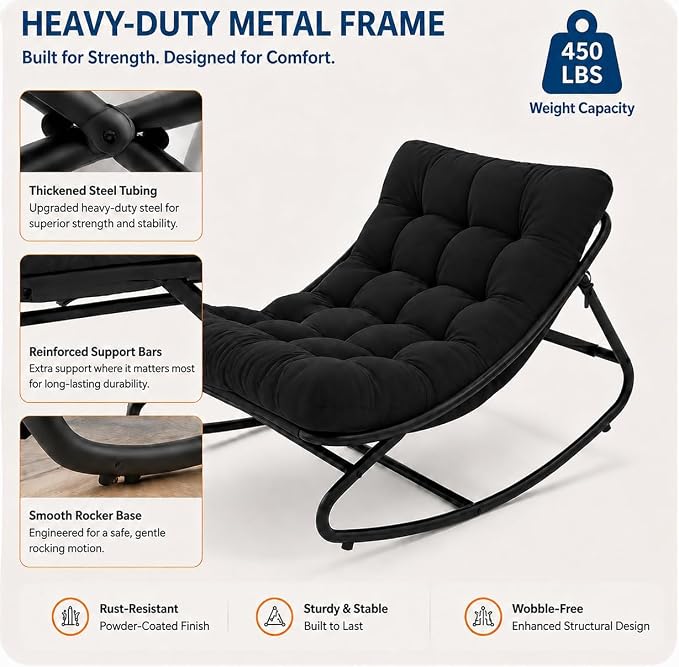 Garvee Papasan Rocking Chair, Thick Cushion, 450 lb Frame, Dark Gray | Gentle rocking motion and a roomy curved seat create a calm reading retreat for patios, balconies, bedrooms or living rooms.