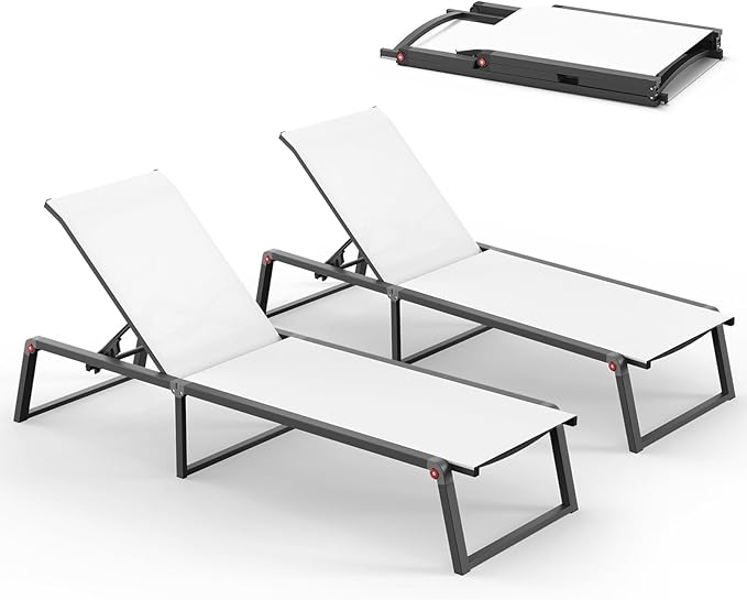Aluminum Chaise Lounge Chair Outdoor, Foldable& No Assembly Patio Pool Lounge Chairs 5-Position Recliner for Outside, Fully Grounded Legs Sun Lounger for Poolside, Bright White, 2 Pack