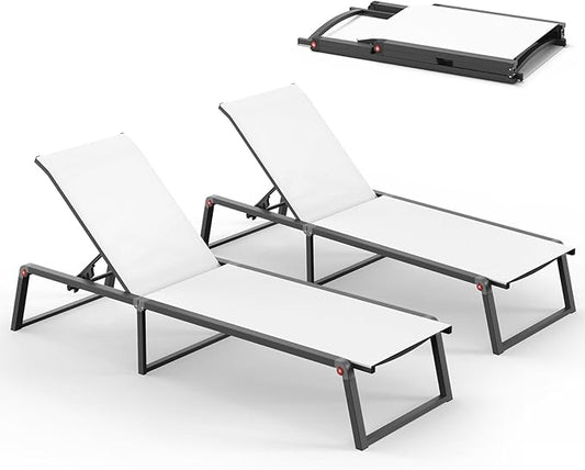 Aluminum Chaise Lounge Chair Outdoor, Foldable& No Assembly Patio Pool Lounge Chairs 5-Position Recliner for Outside, Fully Grounded Legs Sun Lounger for Poolside, Bright White, 2 Pack