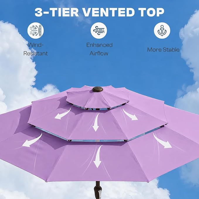 10ft 3 Tier Patio Umbrella, Outdoor Market Table Umbrella with UPF 50+ Vented Canopy, 8 Sturdy Ribs, Easy Push Button Tilt and Crank, Windproof for Deck, Pool, Backyard and Garden