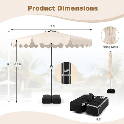 Tangkula 9 FT Patio Umbrella with Base Included, 2-Tiers Outdoor Scalloped Table Umbrella with 2 Sandbags, Tilt Adjustment, Crank, 8 Ribs for Market Backyard Pool Deck Beach Lawn