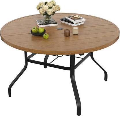 Round Outdoor Patio Dining Table, 47" Round Patio Table Wood-Like Grain with 1.57" Umbrella Hole, Metal Outdoor Dining Tables for Backyard and Poolside