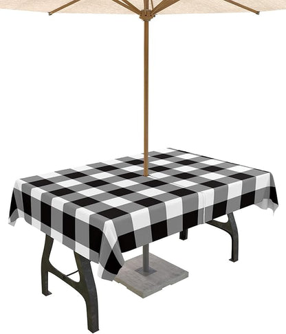 Black and White Checkered Outdoor Tablecloth - 60x84 Inch Rectangle Dining Table Cover, Farmhouse Buffalo Plaid Waterproof Outdoor Table Cloth with Umbrella Hole & Zipper for Picnic/Patio/Party