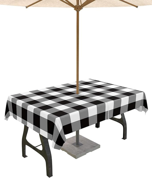 Black and White Checkered Outdoor Tablecloth - 60x102 Inch Rectangle Dining Table Cover, Farmhouse Buffalo Plaid Waterproof Outdoor Table Cloth with Umbrella Hole & Zipper for Picnic/Patio/Party