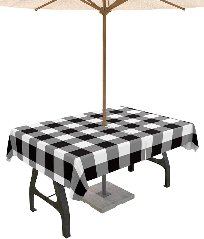 Black and White Checkered Outdoor Tablecloth - 54x80 Inch Rectangle Dining Table Cover, Farmhouse Buffalo Plaid Waterproof Outdoor Table Cloth with Umbrella Hole & Zipper for Picnic/Patio/Party