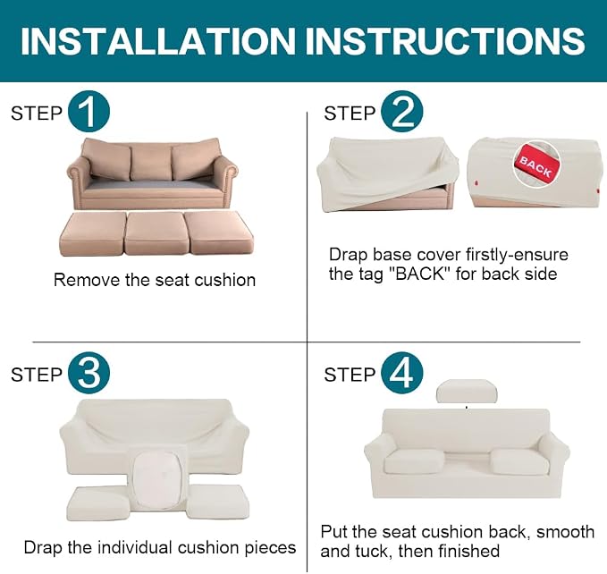 Turquoize 4 Piece Sofa Covers for 3 Cushion Couch Sofa Slipcover Soft Couch Cover for Dogs-Washable Sofa Furniture Covers with 3 Individual Large Cushion Covers (XL Sofa, Cream)
