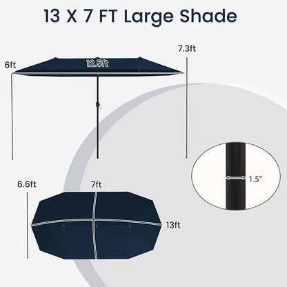 Tangkula 13 FT Large Patio Umbrella, Outdoor Double-Sided Table Market Umbrella w/Crank Handle, 12 Heavy-Duty Ribs, Sun-Protective Rectangular Twin Parasol for Garden Deck Lawn Poolside (Navy)