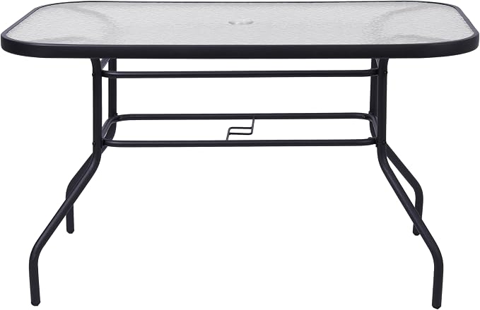 Flash Furniture Commercial 27.5x47.25 in Steel Patio Table, Black | Tempered Glass Top with Umbrella Hole