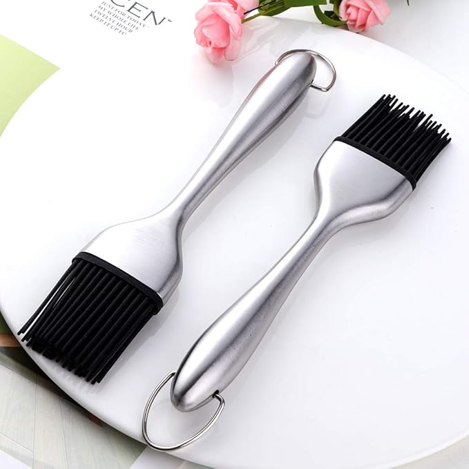 2 Pack Grill Basting Brush with 2 Pack Back Up Silicone Brush Heads, No Shed Bristles Stainless Steel Handles Heatproof Rust Resistant, Pastry Brushes for Kitchen Cooking BBQ (Silver)