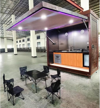 Modern Modular Outdoor Kitchen Island with Retractable Roof Cover, Built-in BBQ Grill Station, Mobile Outdoor BBQ Cooking Station for Backyard Patio Garden