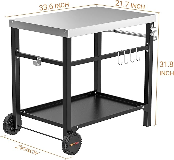 onlyfire Movable Stainless Steel Dining Cart Table, Pizza Oven Table with Propane Tank Holder, Heavy Duty Utility Cart on Wheels for Outdoor Kitchen, BBQ Grill, Patio, 33.6” x 21.7” Workstation