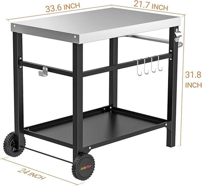 onlyfire Movable Stainless Steel Dining Cart Table, Pizza Oven Table with Propane Tank Holder, Heavy Duty Utility Cart on Wheels for Outdoor Kitchen, BBQ Grill, Patio, 33.6” x 21.7” Workstation