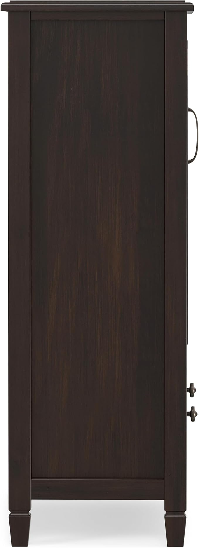 SIMPLIHOME Connaught 46" Solid Wood Tall Cabinet in Dark Chestnut Brown | Traditional tall console cabinet with glass doors, adjustable shelves and drawers for living or dining room storage.