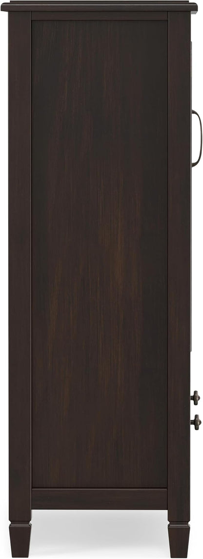 SIMPLIHOME Connaught 46" Solid Wood Tall Cabinet in Dark Chestnut Brown | Traditional tall console cabinet with glass doors, adjustable shelves and drawers for living or dining room storage.