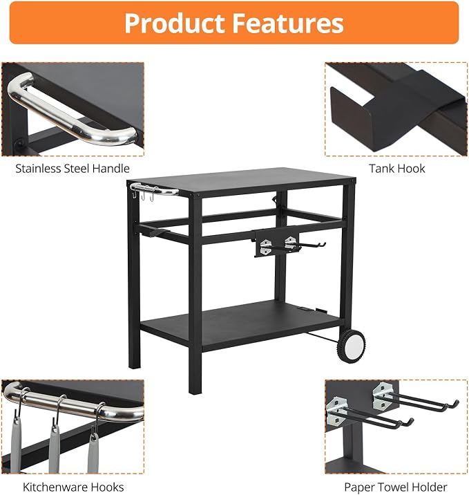 Garvee Grill Cart, Pizza Oven Stand, BBQ Prep Table with Wheels & Hooks, Side Handle, Double-Shelf Grilling Cart Tabletop Griddle Cooking Station for Bar, Patio, Camping, Home (Black)