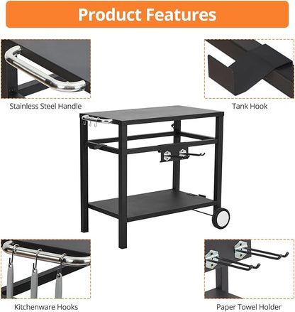 Garvee Grill Cart, Pizza Oven Stand, BBQ Prep Table with Wheels & Hooks, Side Handle, Double-Shelf Grilling Cart Tabletop Griddle Cooking Station for Bar, Patio, Camping, Home (Black)