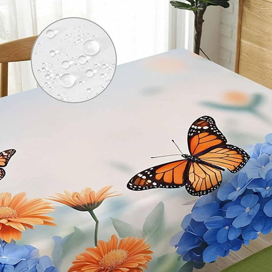 Decorative Rectangle Tablecloth 52"X70" Butterflies, Floral Daisies Butterfly Wrinkle Free Table Cover Picnic Table Cloths for Parties Weddings Kitchen Tablecloth, Blue
