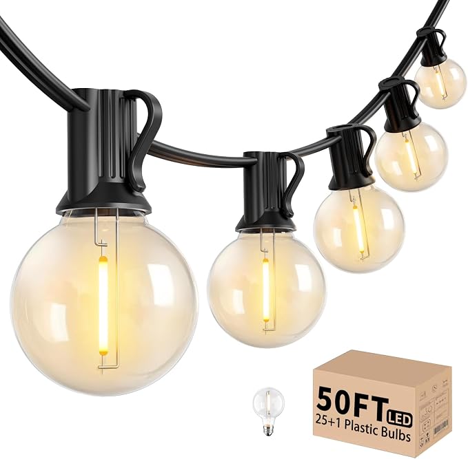 LACHON Outdoor String Lights, 50FT 25 G40 Bulbs Shatterproof Patio Lights, IP65 Waterproof Dimmable Hanging Connectable Globe LED Outdoor Lights for Backyard, Bistro, Porch, Deck, Balcony