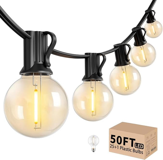LACHON Outdoor String Lights, 50FT 25 G40 Bulbs Shatterproof Patio Lights, IP65 Waterproof Dimmable Hanging Connectable Globe LED Outdoor Lights for Backyard, Bistro, Porch, Deck, Balcony