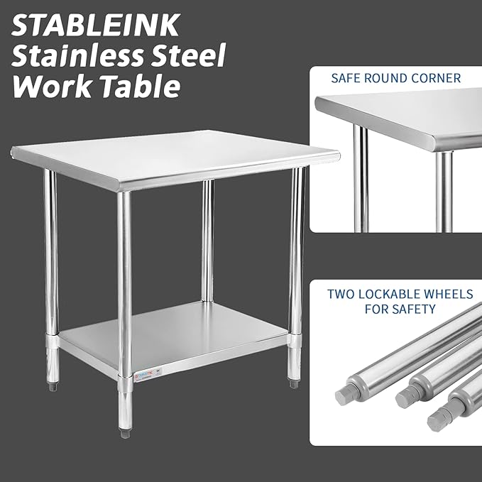 STABLEINK Stainless Steel Small Table with Undershelf 30”x24 for Prep | NSF Certified Heavy Duty Metal Work Table Workbench for Commercial Kitchen Restaurant Hotel Laundry Garage Chef Homemaker