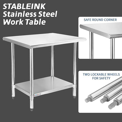 STABLEINK Stainless Steel Small Table with Undershelf 30”x24 for Prep | NSF Certified Heavy Duty Metal Work Table Workbench for Commercial Kitchen Restaurant Hotel Laundry Garage Chef Homemaker